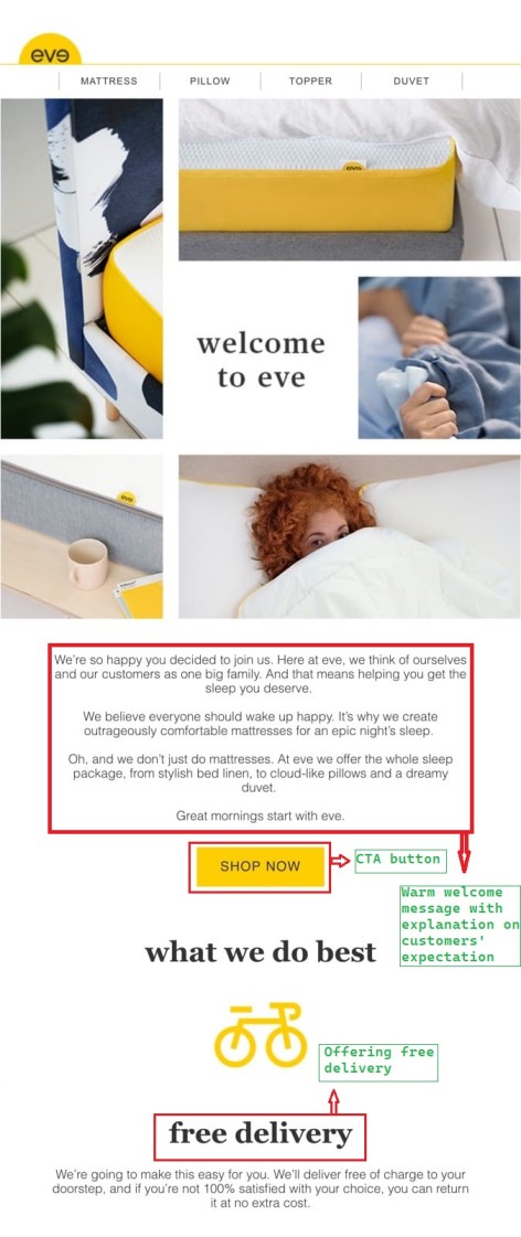 Welcome email example from Eve Sleep.