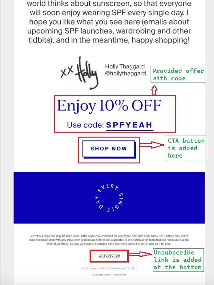 Welcome email example from Supergoop! part 2.