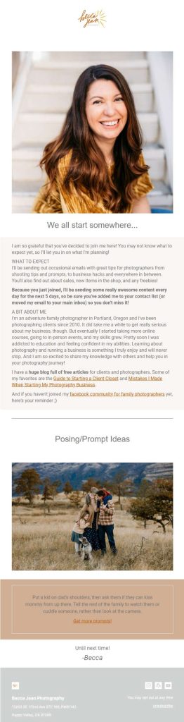 Welcome email for photographers example from Becca Jean Photography