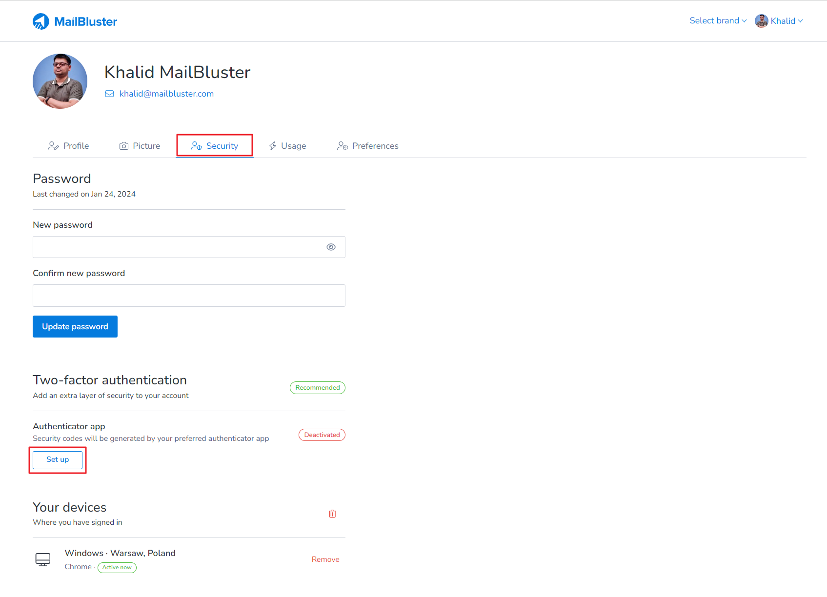 Click on Security tab. There is an option called Two-factor authentication. Click on Set up.