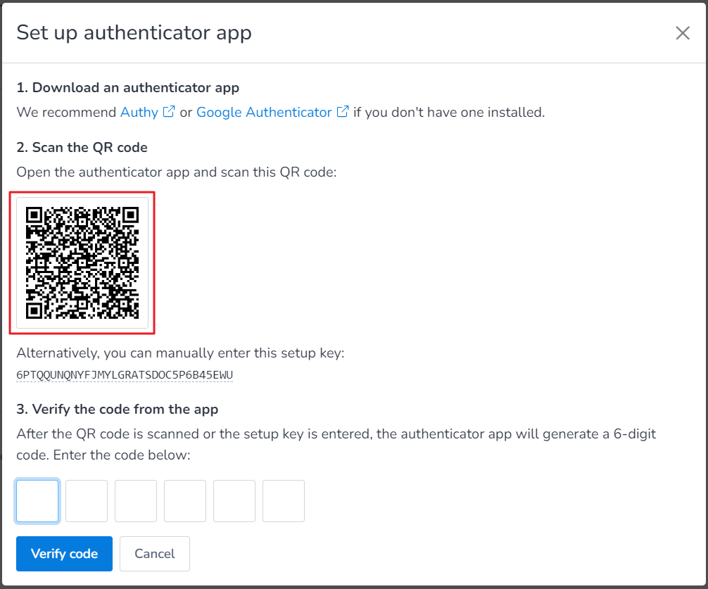 Pop-up window showing QR Code