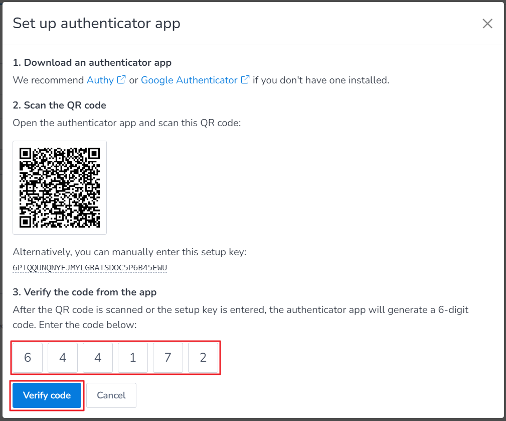 Once you obtain the 6 digit code from your authenticator app in your phone, type in the code as quickly as possible. Then click Verify code.