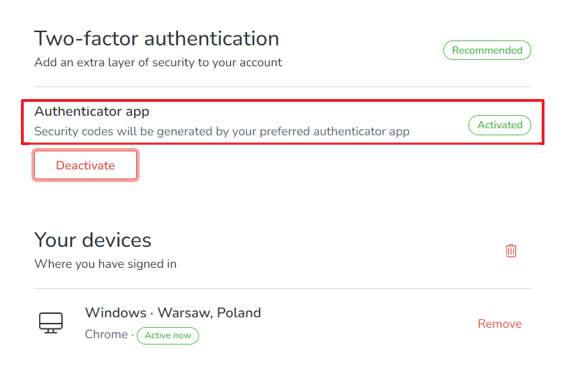 Two-factor authentication showing your Active devices for MailBluster.