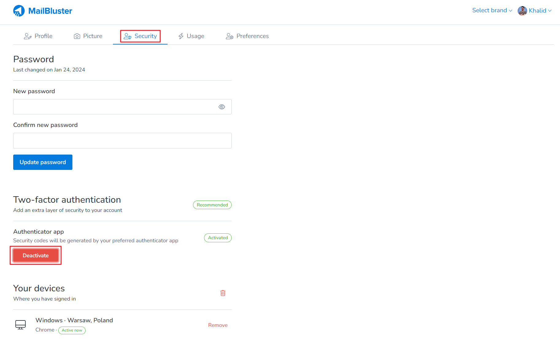 Deactivating the Two-factor authentication app.