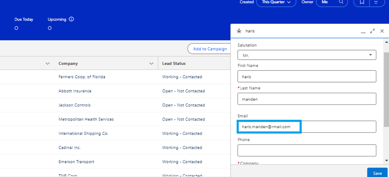 Lead adding box in Salesforce