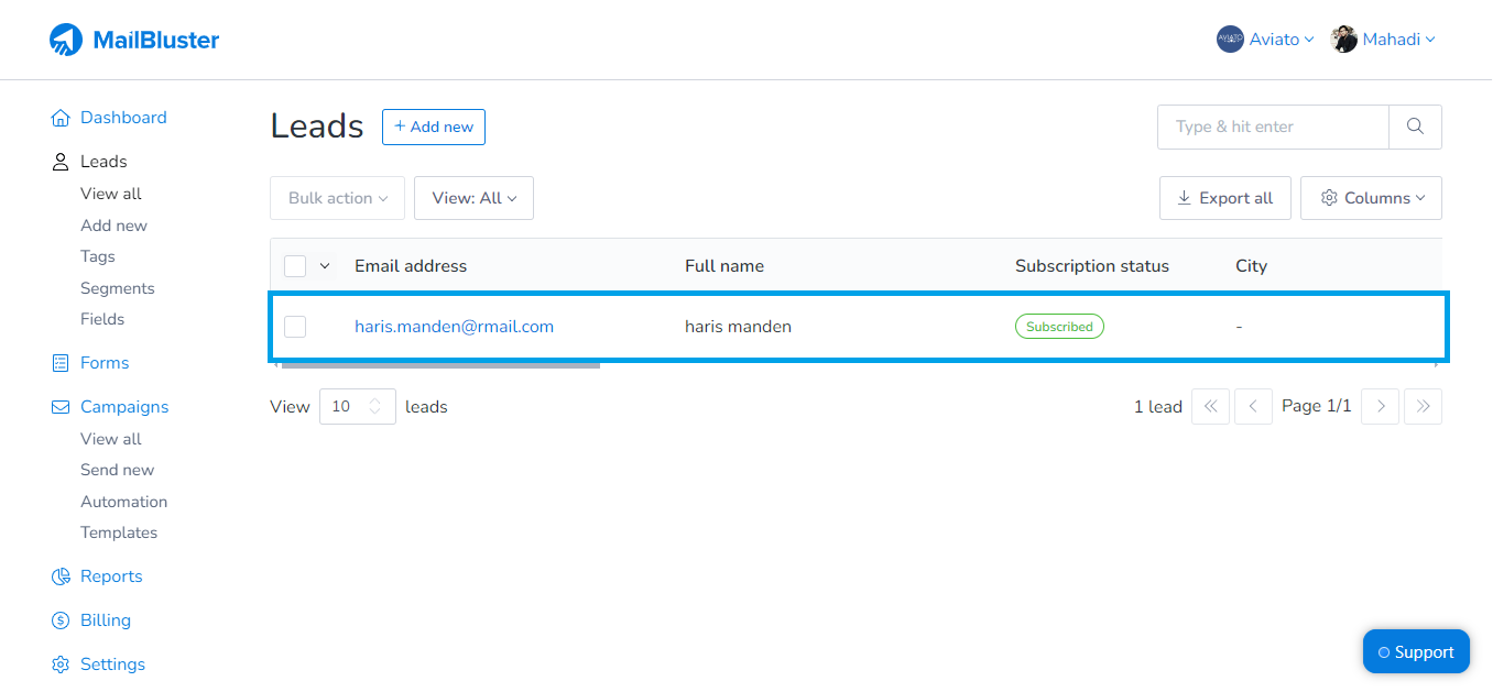 Lead is added to MailBluster