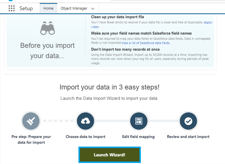 Launch Wizard in Salesforce Data import wizard