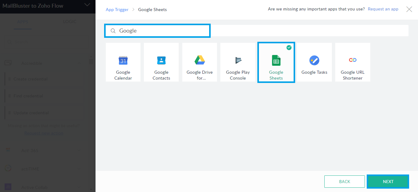 Searching Google Sheets on the App trigger page