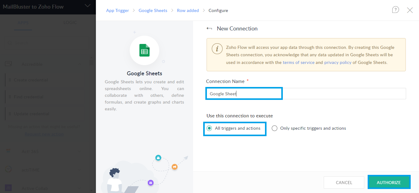 Google Sheets connection name & connection execute actions