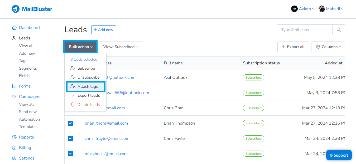 Attach tags in Bulk action