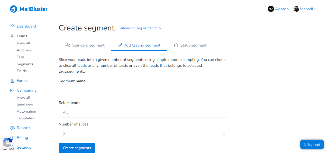 A/B testing segment in MailBluster