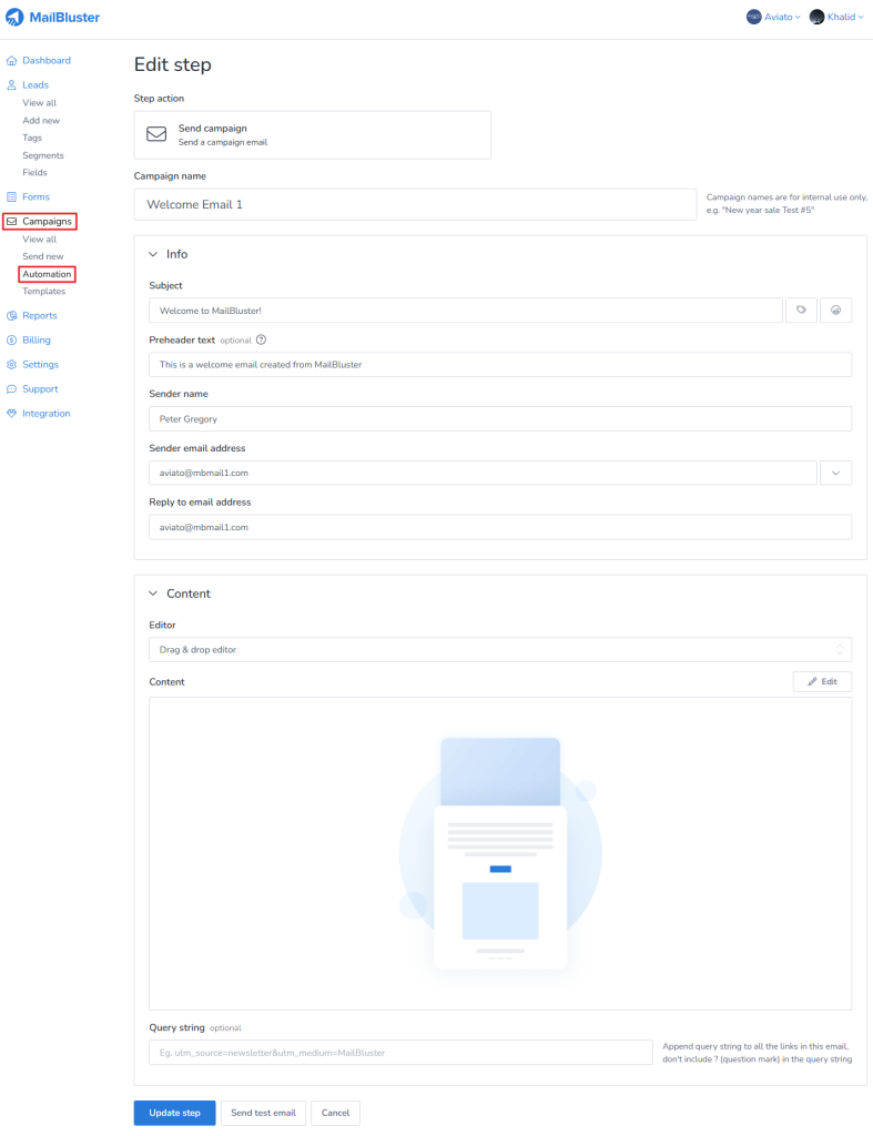 Enter campaign details. Click on Content.