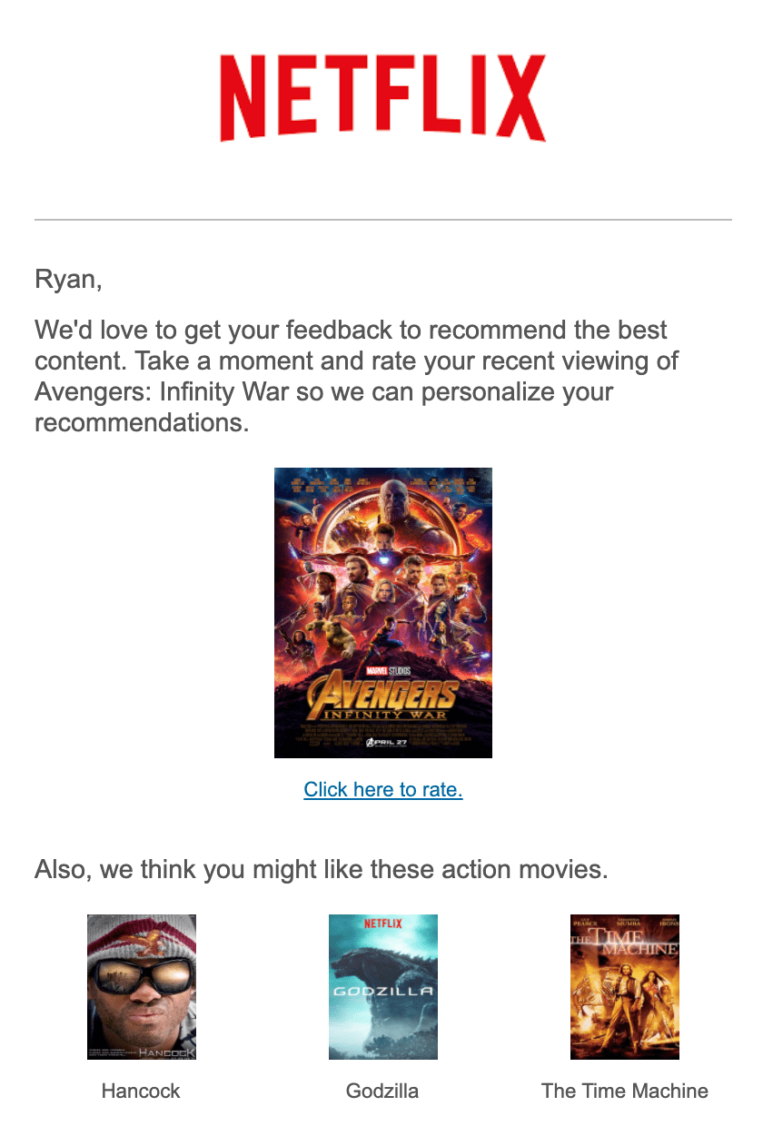 Automated email template example for feedback email from Netflix.