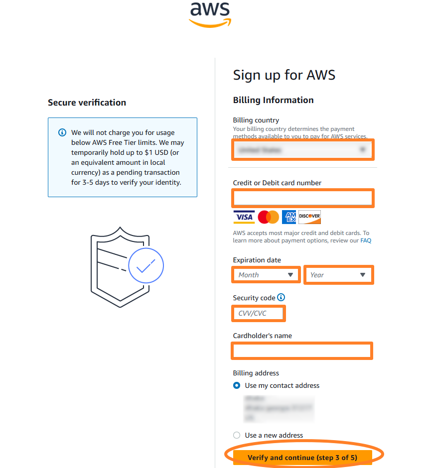 Billing information for signing up on AWS