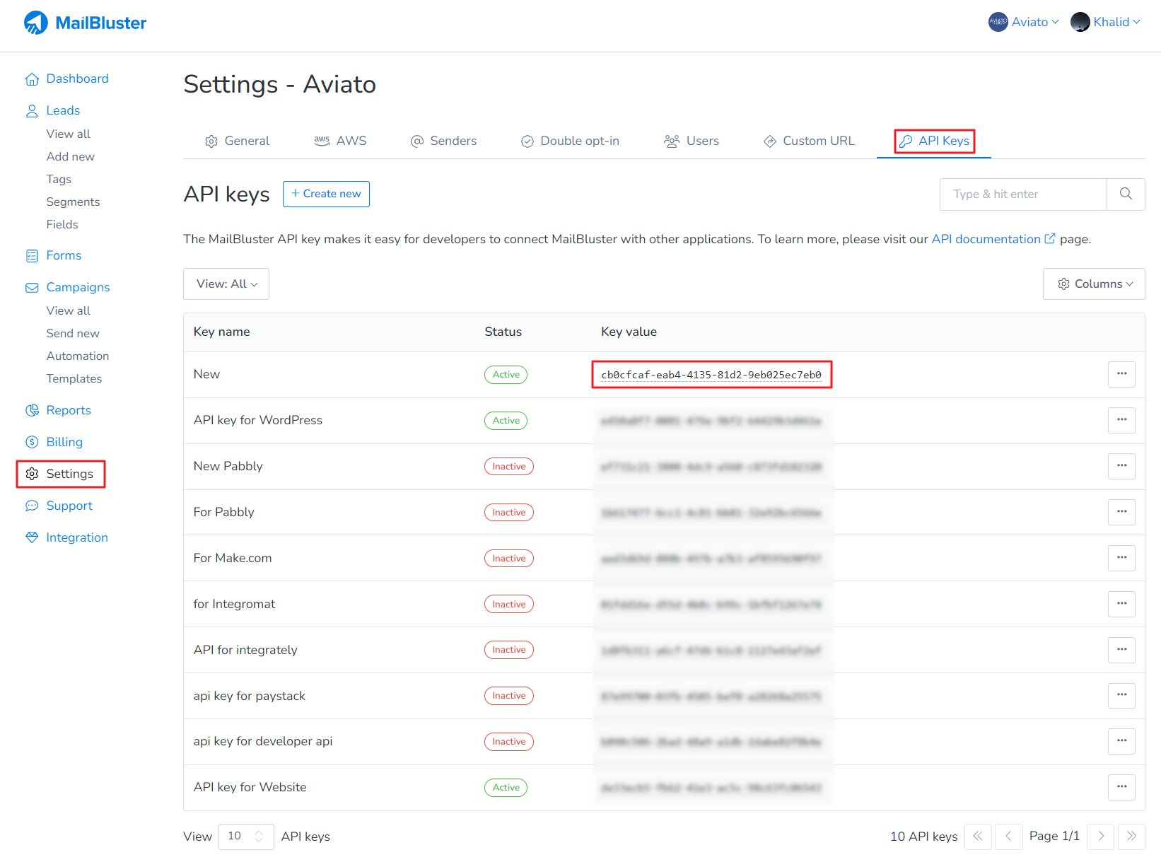 Generating MailBluster API Key.