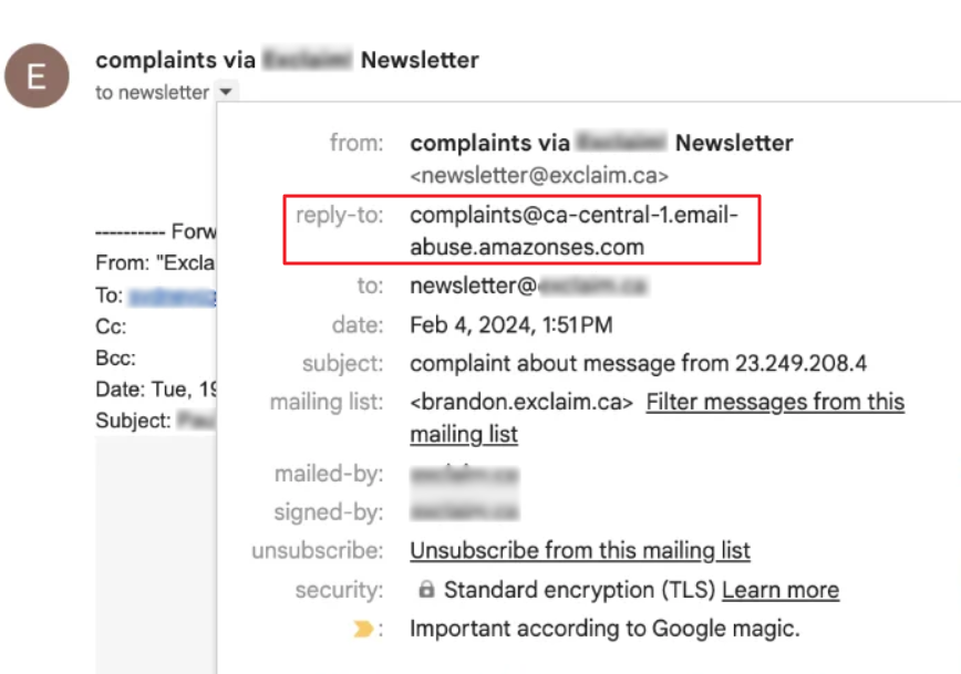 Complaint email from Amazon SES