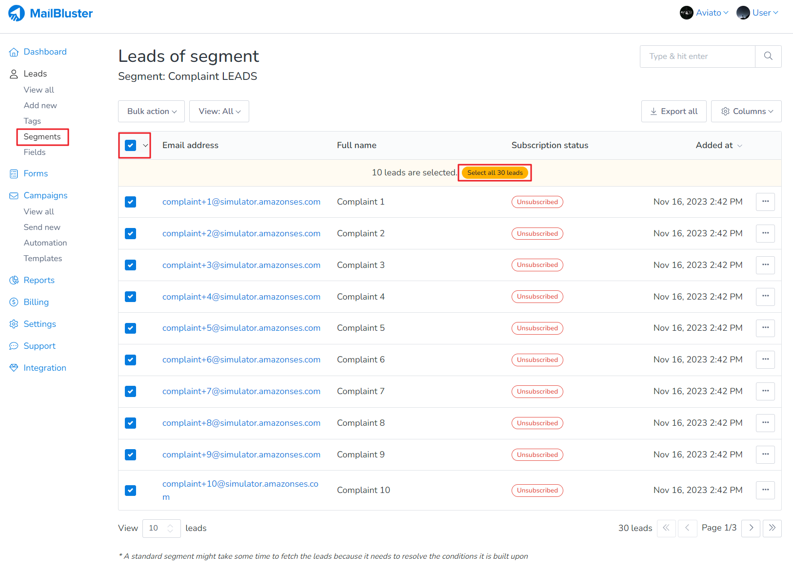 Click select all leads