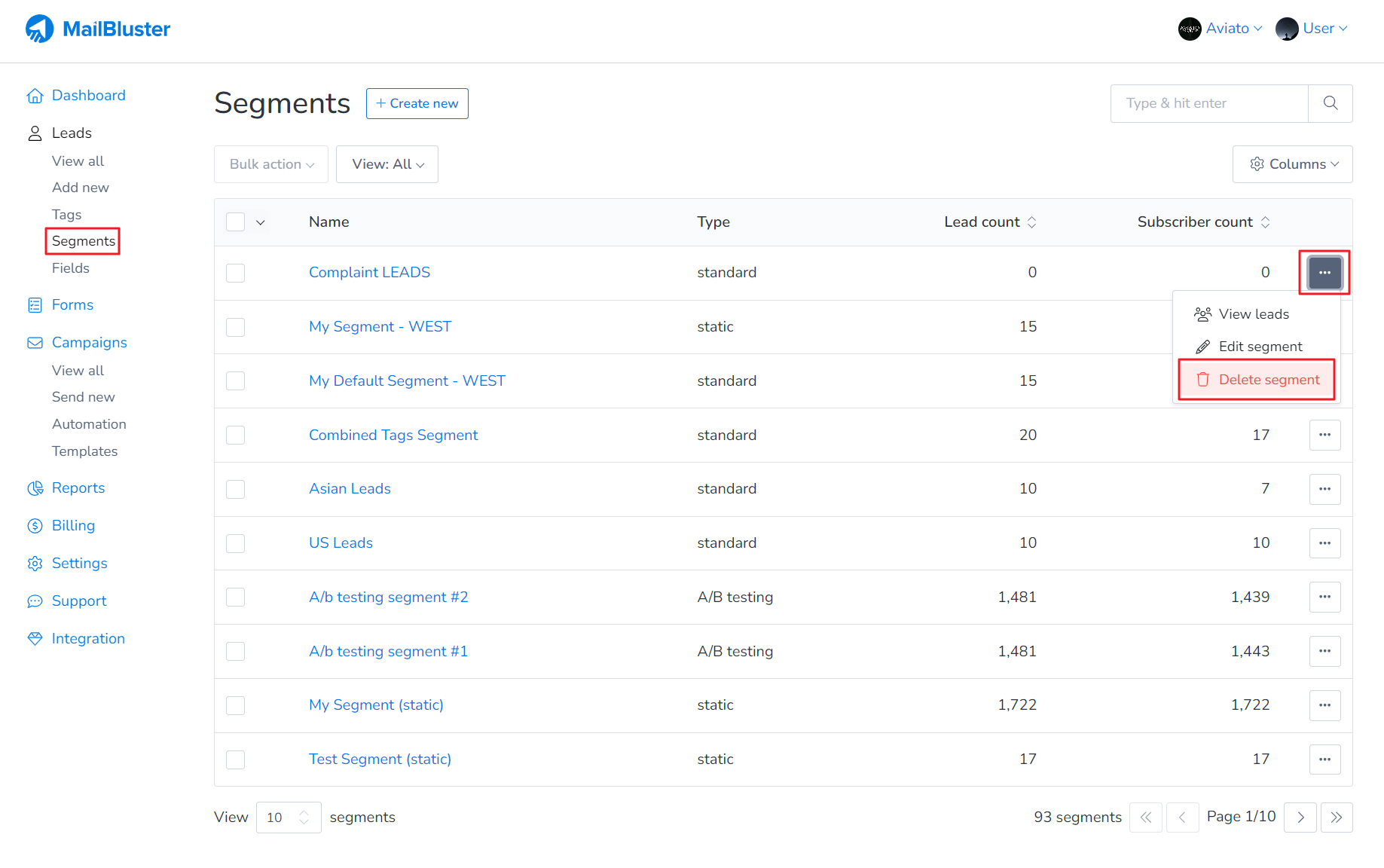 Click Delete segment to remove the segment name Complaint LEADS from MailBluster