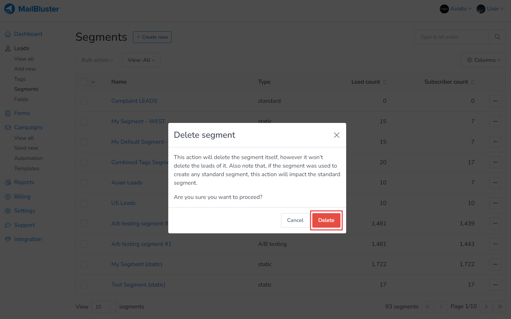 Click Delete to remove the segment from MailBluster.