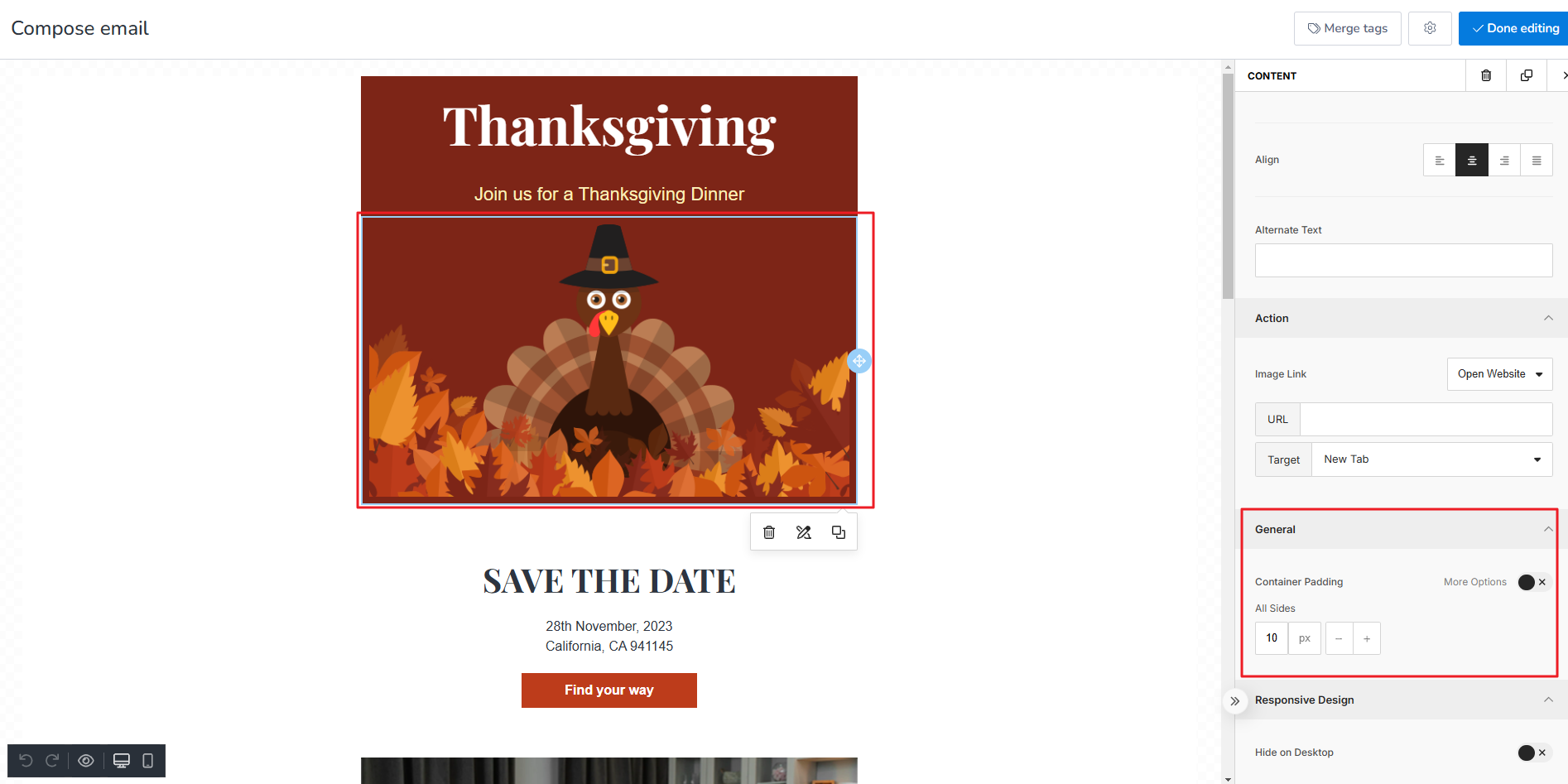 Container padding of the image using the Drag and drop editor