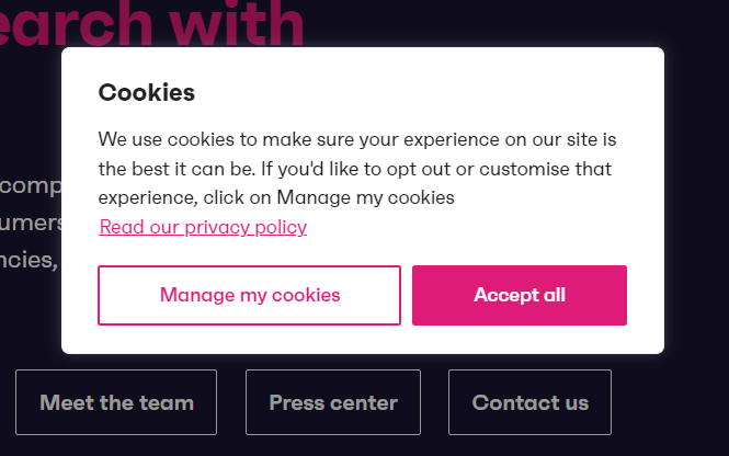 Behavioral targeting example; cookies collection popup. Example of cookies collection popup.