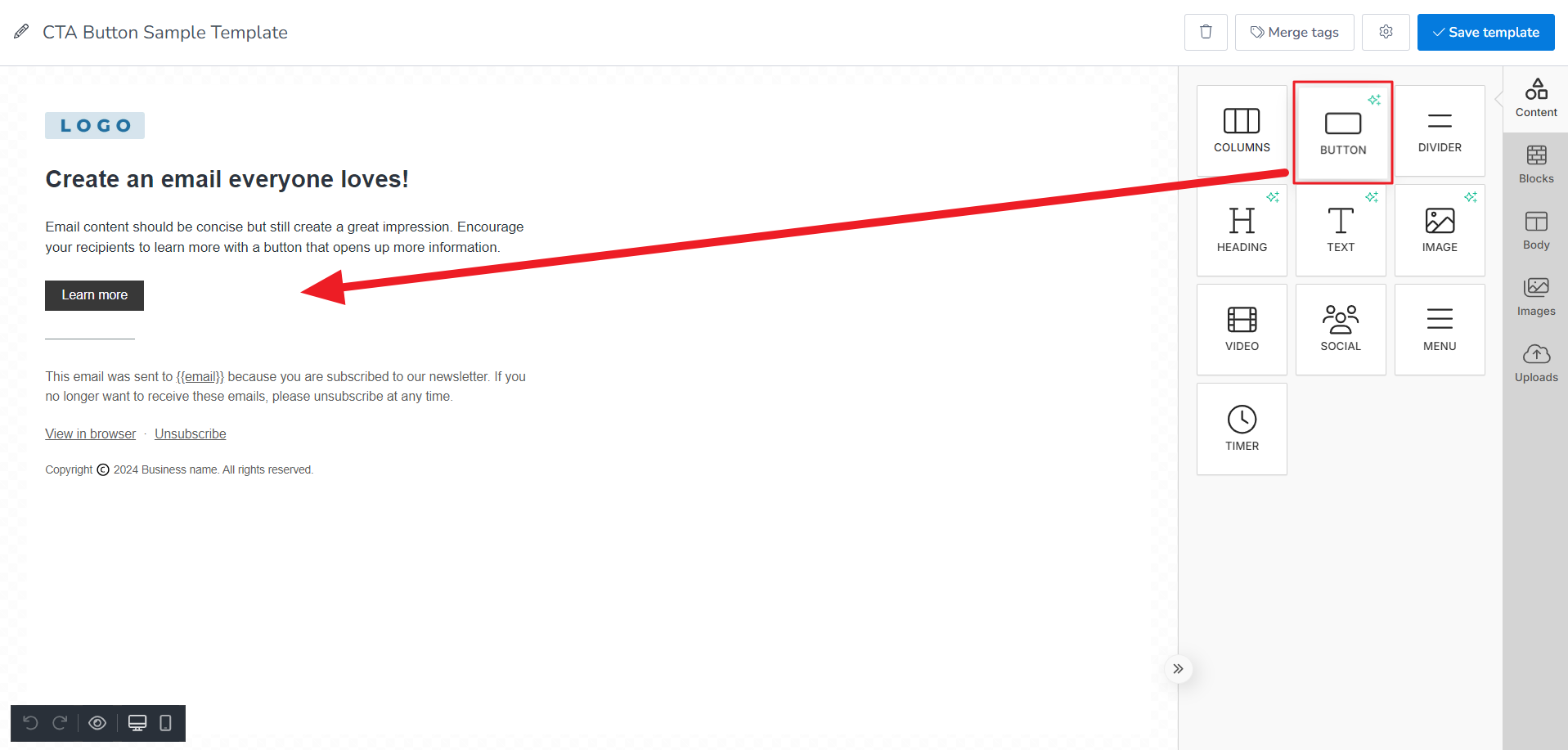 Drag and drop Button from the Content section of Drag and drop editor.