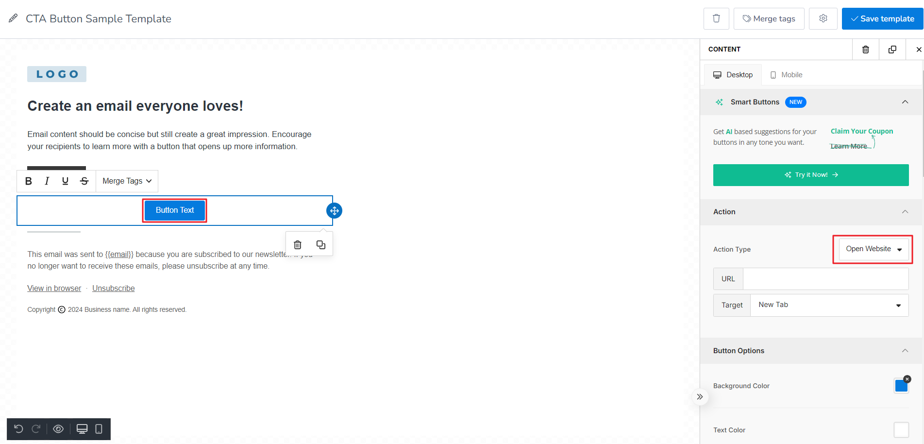 Click on the button text and type any text or number. Then go to Action Type and click on the drop down list.