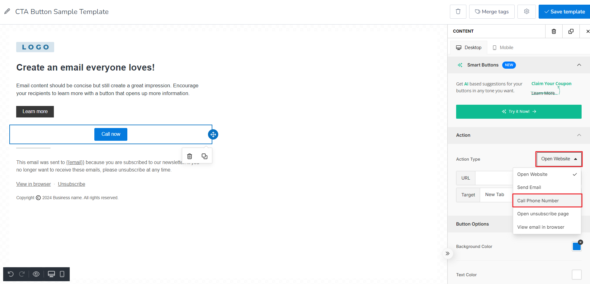 After clicking dropdown list, select Call Phone Number.