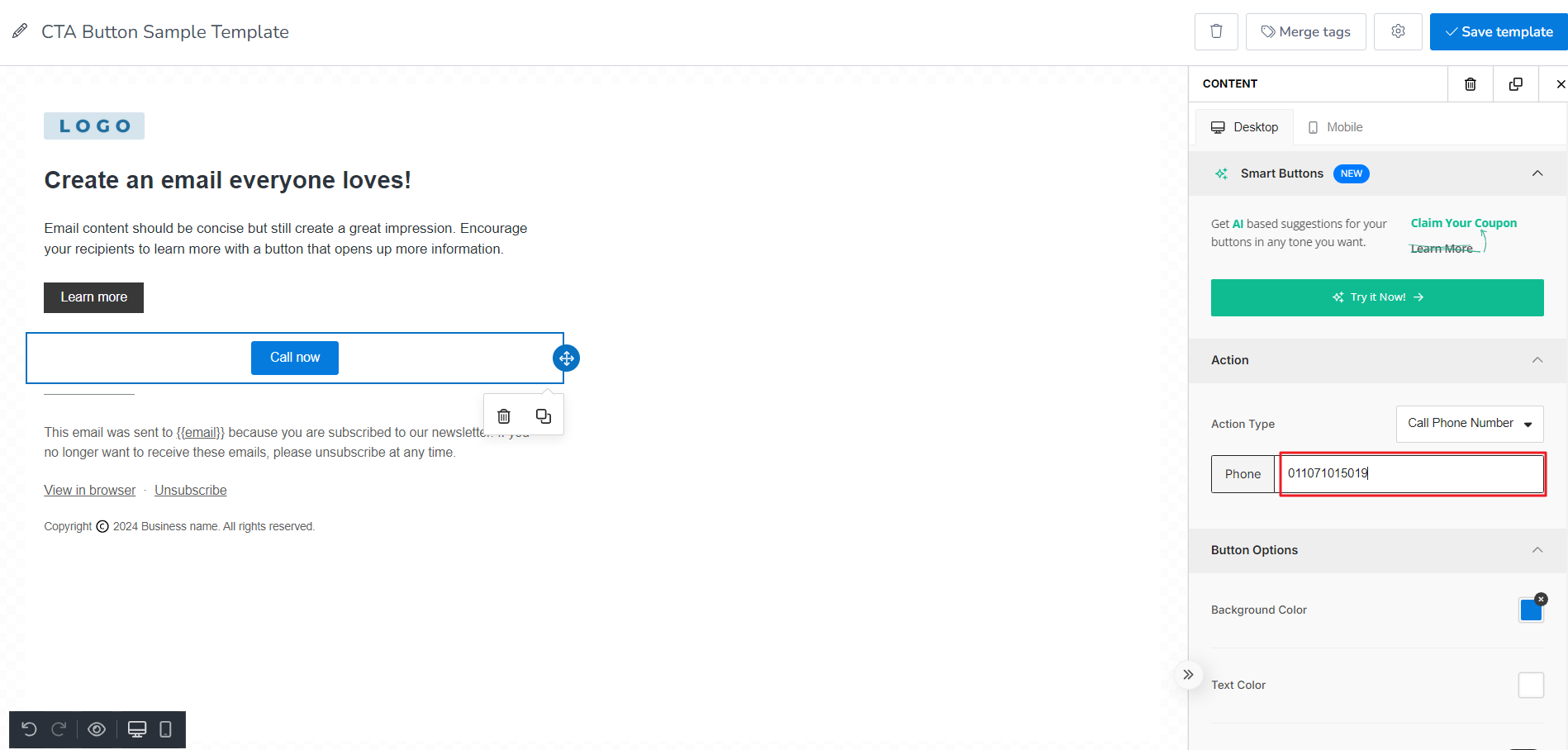 Type in the Phone number and the click Save template.