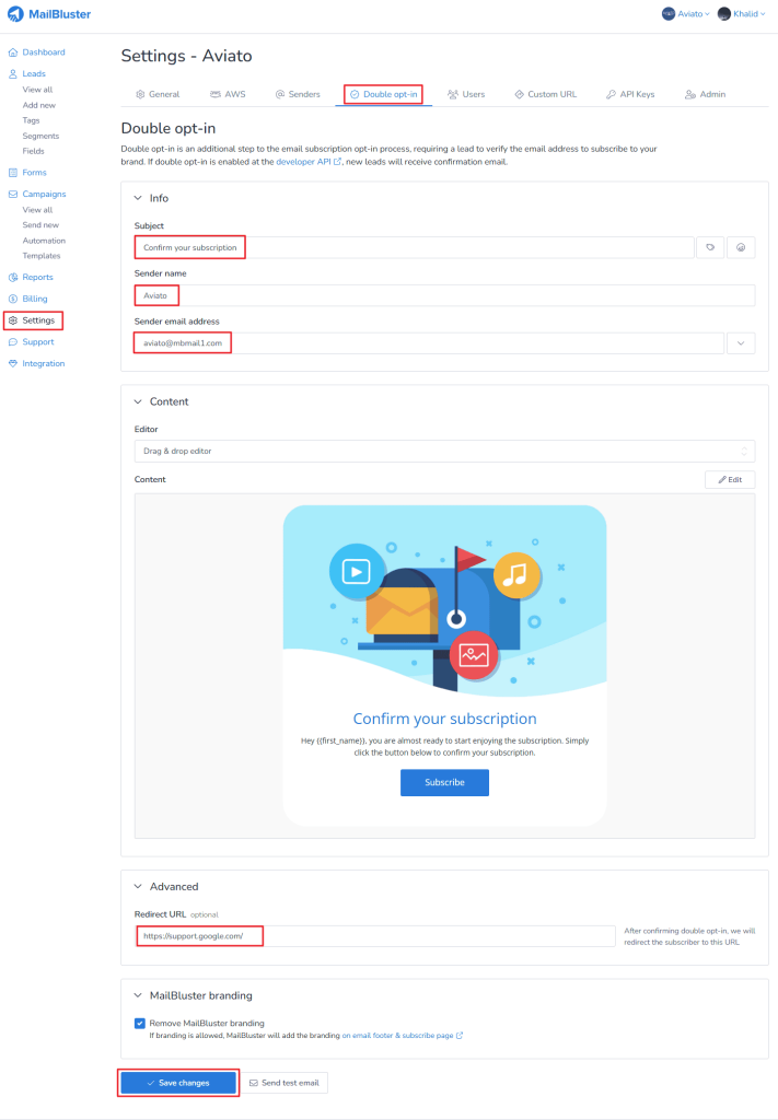 Configuring Double opt-in options in MailBluster.