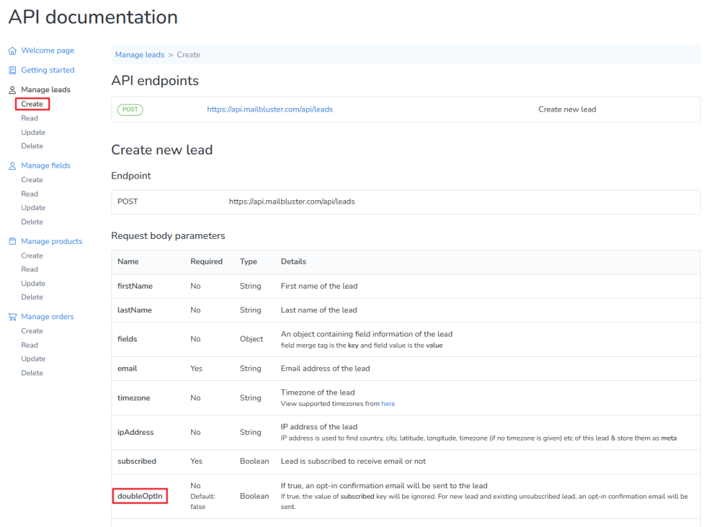 API documentation showing API endpoints under Create leads.