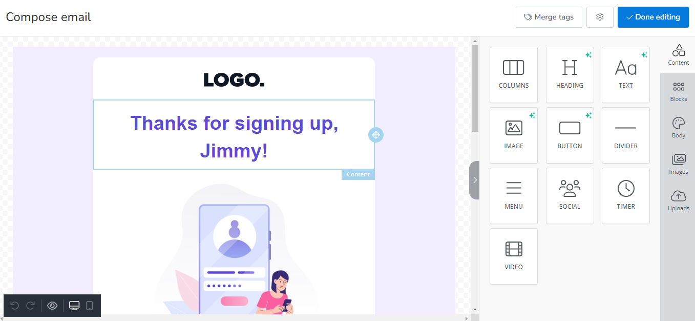 Drag & drop editor in MailBluster