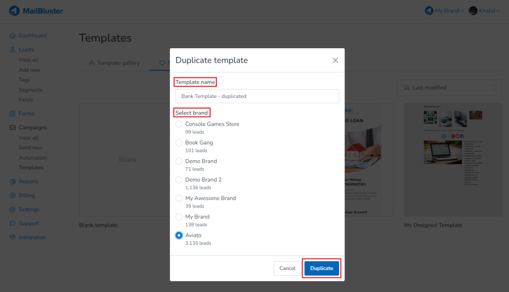 Enter Template name and Select brand. Then click Duplicate button.