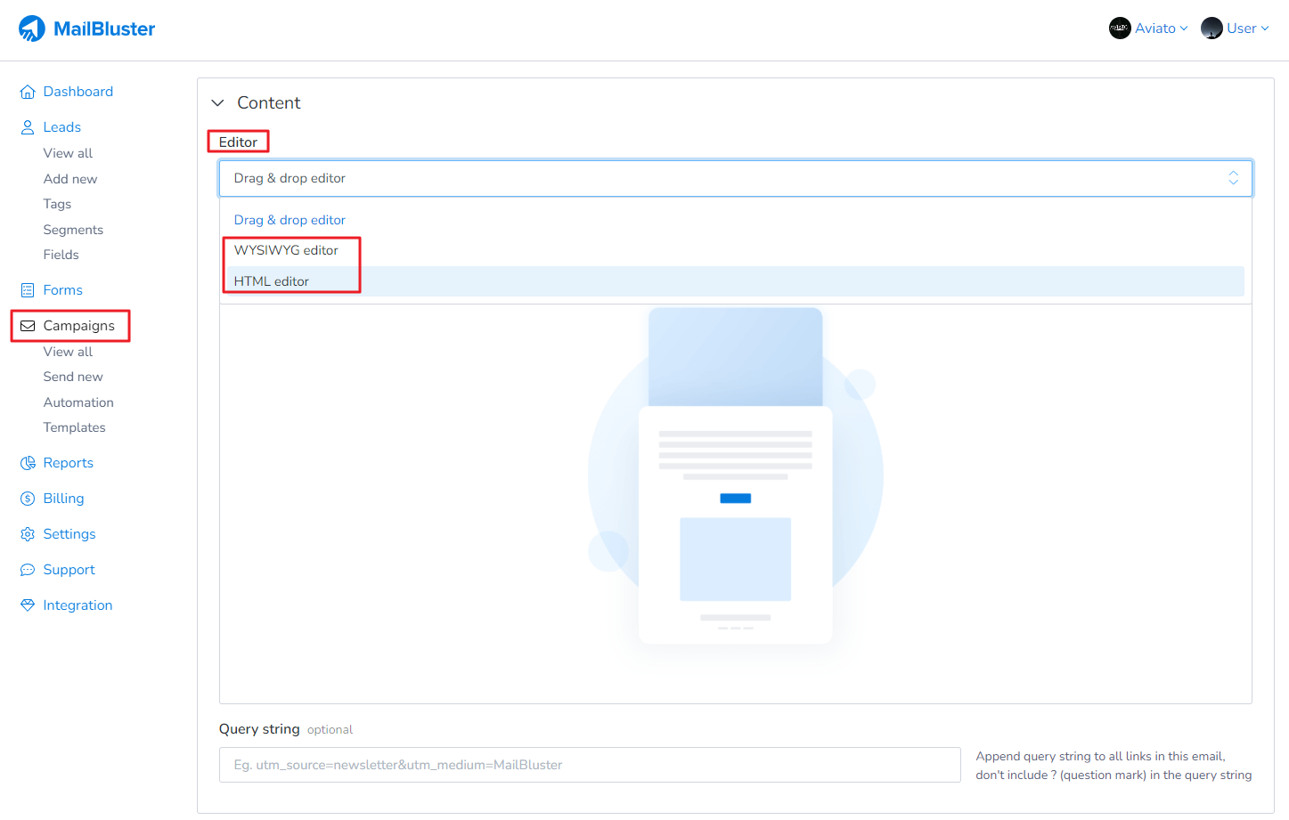 Selecting WYSIWYG editor or HTML editor.