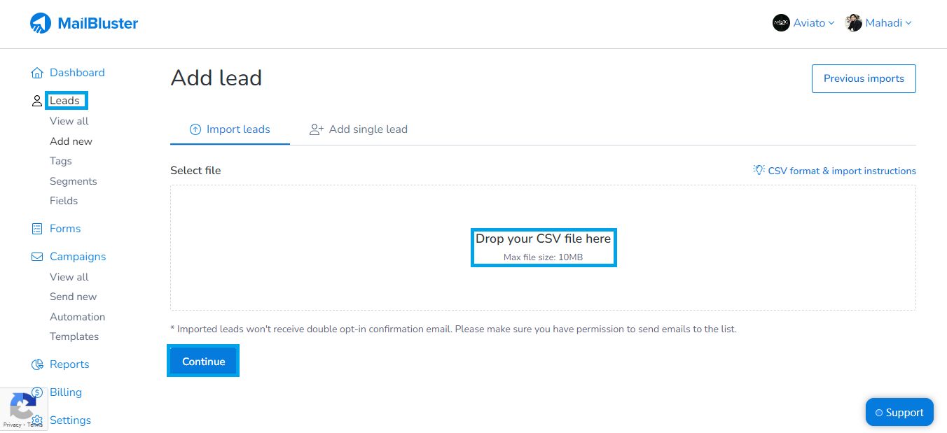 Leads management in MailBluster