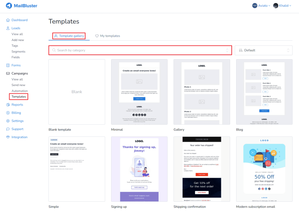 Go to Templates > Template gallery > Search by category and click on the desired category.