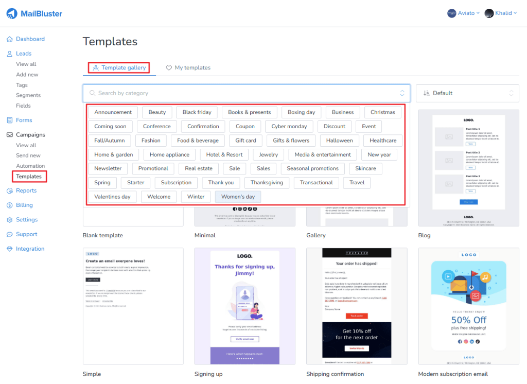Select one or more categories from the drop down list.