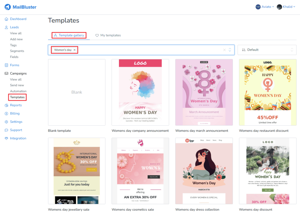 The following are pre-designed templates from the selected category.