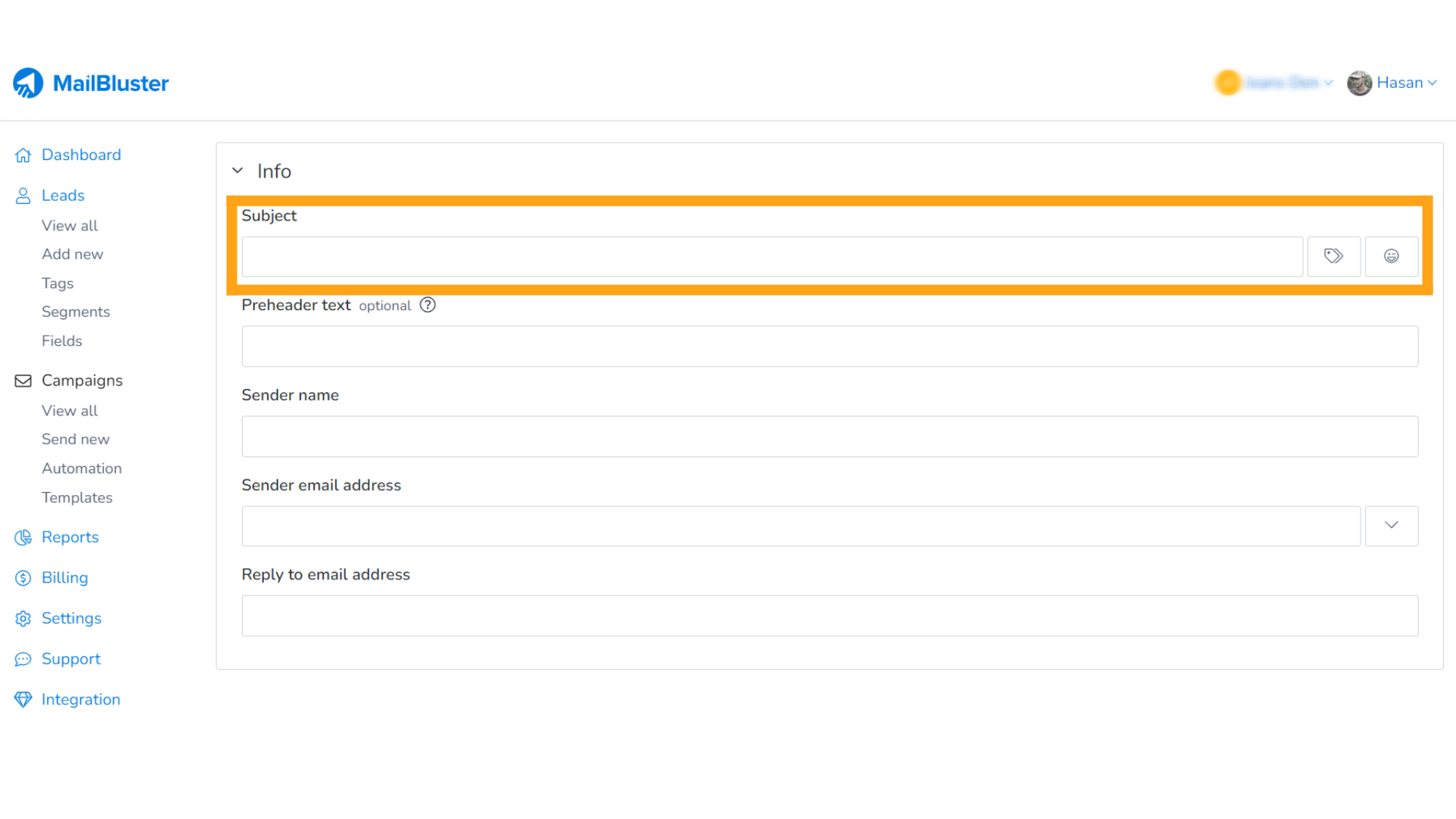 "Subject" box in the "Info" field.