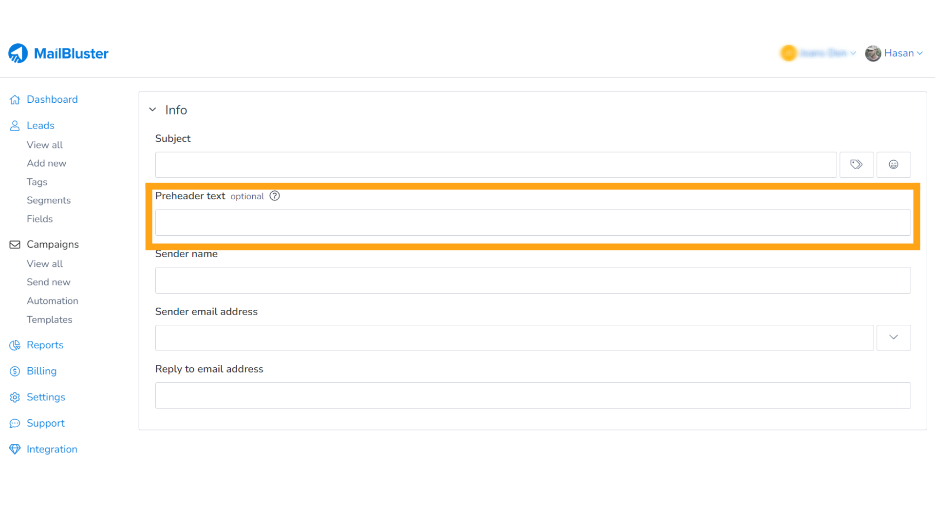 "Preheader text" box under "Info."