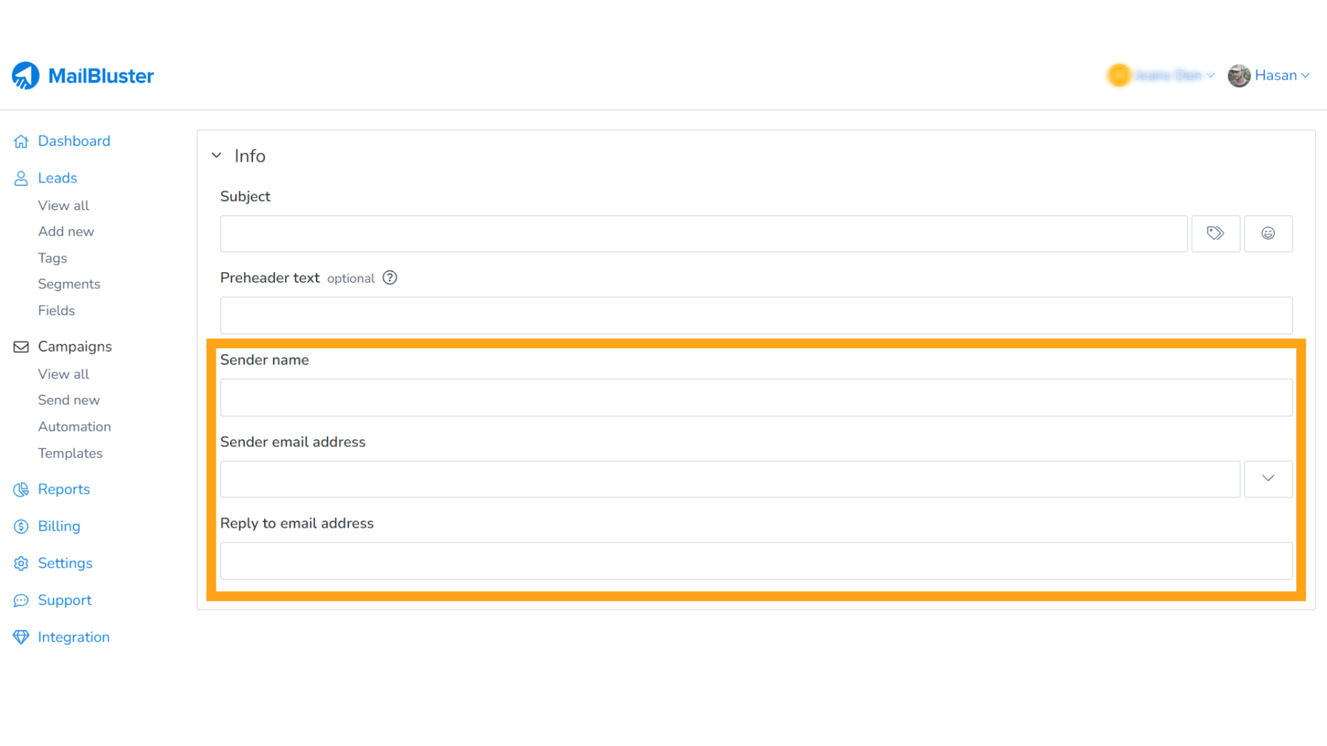 Head back to the "Info" table to fill in the "Sender name," "Sender email address," and "Reply to email address" boxes.