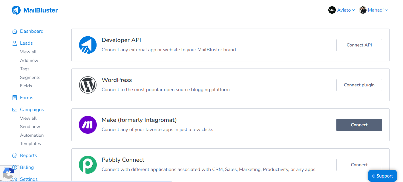 Integration support on MailBluster