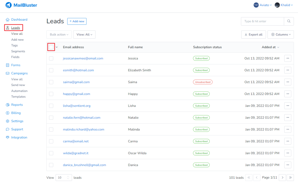 Go to Leads. Then click on the square checkbox.