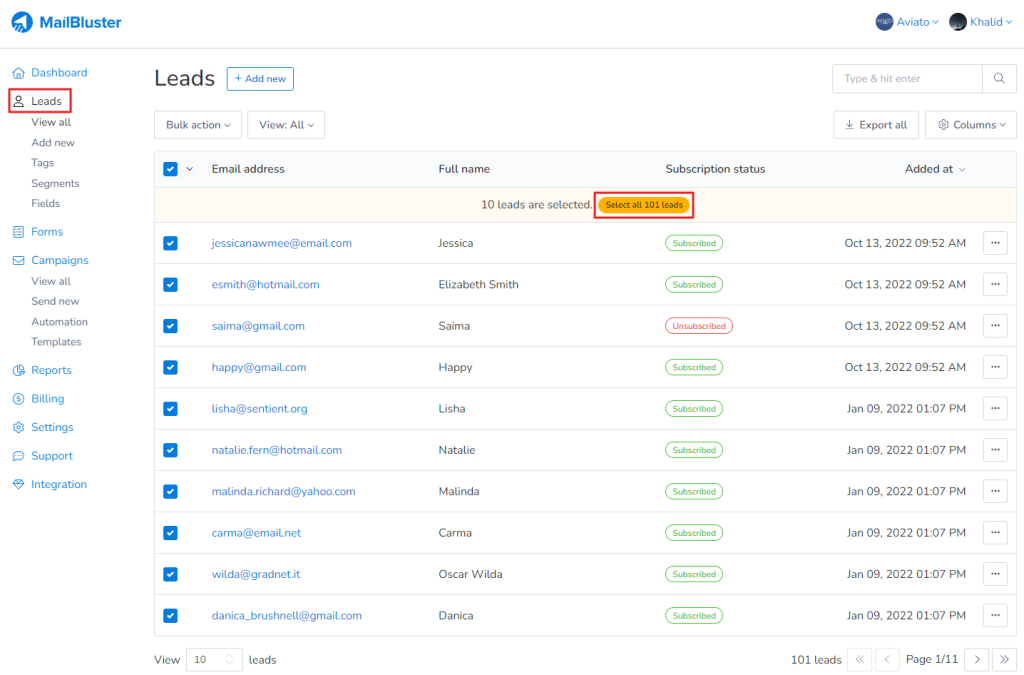 Once the checkbox is ticked, click on Select all 'n number of' leads to select all the leads inside the current brand.