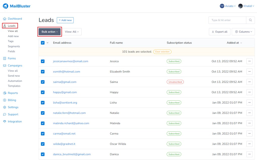 Once all leads are selected, click on Bulk action. 