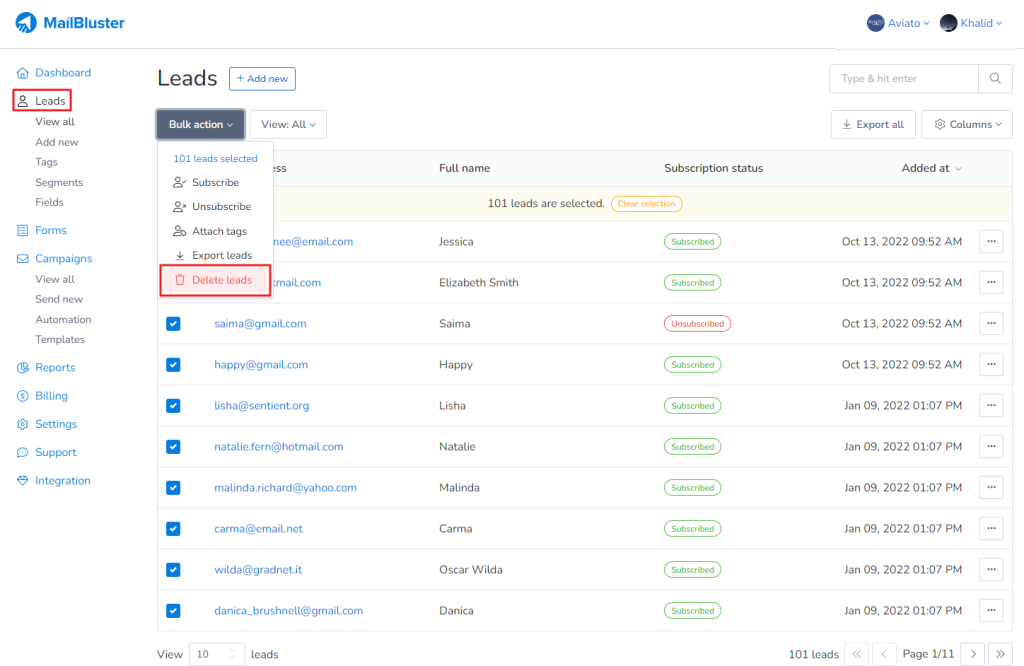 Click on Delete leads under Bulk action.