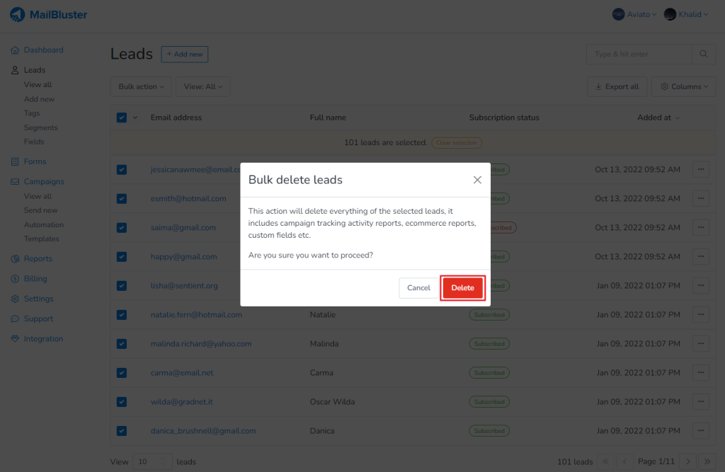 A popup dialog box will appear for confirmation, click Delete and all the leads from that brand will be deleted permanently.