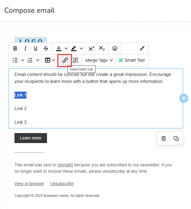Highlight the text, then on the pop-up bar, click on Insert/edit link icon.