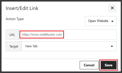 The Insert/Edit Link window will open, enter the URL of your website.