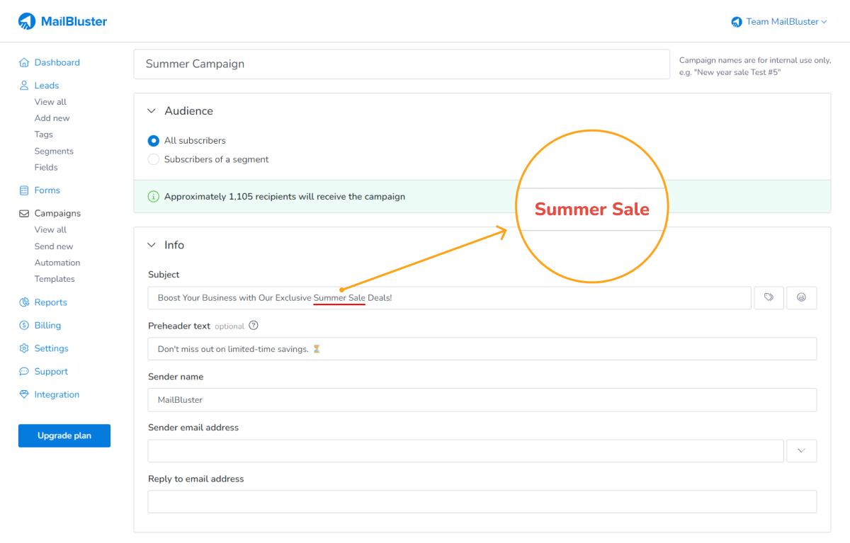 Placing keyword in the email subject line in MailBluster